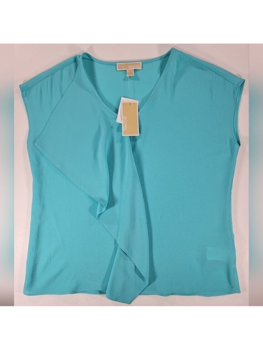 New Michael Kors Women's Large Turquoise Ruffle Front Blouse Sleeveless Top NWT